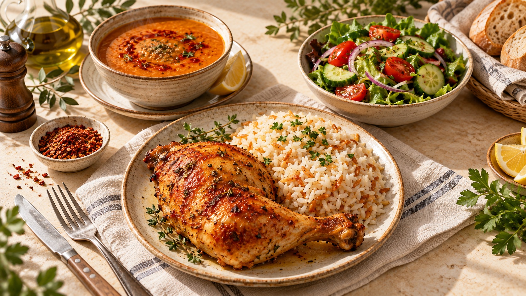 23 Eylül Çarşamba Fırında Tavuk, Pirinç Pilavı, Salata ve Ezogelin Çorbası Menüsü